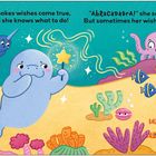 Ein Manati mit Zauberstab erfüllt Wünsche, begleitet von Tintenfisch, Narwal und Fischen im bunten Meer mit Muscheln.