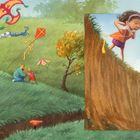 Der Text links beschreibt, dass Emily nicht Einrad fahren will, aber neugierig ist. Rechts steht: "And it looked lonely in there." Wiese mit Drachen.