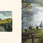 Links eine Frau auf einem Feldweg, rechts ein Mann mit Blumen am Wasser. Beide Szenen sind gemalt.