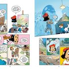 Comic-Sequenz: Figuren im Kunstunterricht malen. Ein Mädchen und ein Hund sprechen über abstrakte Kunst und eine Landschaft.