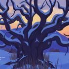 "Her favorite oak tree comes into view. Jump! Jump! So high up!" Eine Katze sitzt auf einem verschneiten Ast im Abendlicht.