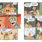 Seite 16: "AAAAH!" und "STOP! Beide von euch!". Seite 17: "Sie ist nur ein Kind!", "Feuerwehrleute löschen nicht jedes Feuer." Zwei Feuerwehrmänner sprechen mit einer kleinen Flamme im Wald.