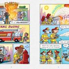 Texte: "FWOOM!", "My shop!", "It's an inferNOOOOO!!!", "BWANG BWONG", "twist twist", "SPLOOOOSH!", "ffssshh", "What the—?", "That isn't water!", "What's this milky substance coming out of our firehose?", "Hmm... slurp!"

Illustration: Ein Geschäft explodiert, Feuerwehrleute bekämpfen das Feuer.