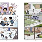 Ein Junge bittet um Comics, verspricht, sie nicht zu zeigen. Sie unterhalten sich vor einer katholischen Schule.