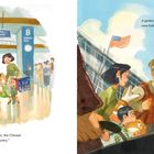 Links: Texte über einen Flughafen. Rechts: Ein amerikanisches Gebäude mit Flagge. Familie umarmt sich freudig.