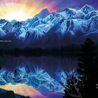 Texte: "Light will tell you exactly what you see... The dark is not so obvious." Illustration von Bergen im Sonnenuntergang, see.