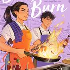 Text: "Slow Burn. Things are heating up in the kitchen in more ways than one. TRINITY NGUYEN." Illustration: Zwei Personen kochen.