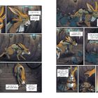 Comic-Illustration: Ein Hase mit Rucksack spricht mit kleinen blauen Mäusen in einem Tunnel. Themen: Arbeit, Kunst, Spiel.