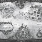 Eine detaillierte, antike Karte zeigt "Orïsha", "The Tribes of Baldeïrik" und "New Gaïa" mit Landformen und Kompassrose.