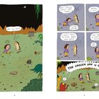 Texte: "Are you okay?", "Well, I'm not exactly sure... Thanks.", "Where... is this?", "It's the Underworld!", "A world that's, you know, under your world!", "And we're all so excited that you've arrived!!!", "Ew, why?", "THE CHOSEN ONE IS HERE!!!", "Yay!", "Woo!" Illustration: Ein Mädchen und eine Kakerlake in einer Fantasiewelt.