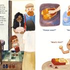 Texte beschreiben einen Familienbesuch. Links bringen Paul und Eltern Geschenke mit. Rechts fragen sie nach Sprache und Gegenständen.