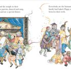 Text oben links: „They paraded around the temple in their costumes...“. Rechts: „Everybody ate the hamantaschen...“. Illustration von tanzenden, festlich gekleideten Tieren mit Luftballons und Konfetti.