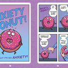 Links: "ANXIETY DONUT! THE DONUT WHO HAS ANXIETY!" Donut mit besorgtem Gesicht. Rechts: Donut will nicht gegessen werden.