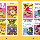 Comic Panels:
Links: Verschiedene Donut-Aktivitäten und -Sprüche über Spaß. 
Rechts: Sicherheitsbeamte besprechen ein wertvolles Kleid. Ein Donut spritzt Marmelade.