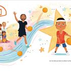 „Let me take you back to where it all began.“ Ein Trainer spielt Basketball mit einem Kind vor einer Gruppe von Kindern.