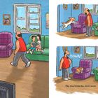 Links steht: "Dad loves his favorite chair." Rechts: "DOWN!" Unten: "The dog loves the chair more." Vater und Kinder auf Sofas. Hund springt auf lila Sessel.