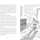 Rechter Text: „Anyway, as I was saying, I went back to my room after breakfast, and there it was. Not in my bag, on my bedroom floor. My homework was all over my bedroom floor. And it was torn to shreds.“  
Illustration: Ein Junge kniet verzweifelt auf dem Boden, mit zerrissenem Papier um ihn herum.
