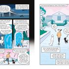 Ein Mann und zwei Hunde diskutieren, während sie durch eine futuristische Umgebung gehen. Der Text beschreibt die Fähigkeit, viele Sprachen zu sprechen und Portale zu nutzen, um schnell um die Welt zu reisen.