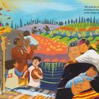 Links steht: „We were here before the town,“ Big Jimmy declared. Rechts: „We sang the music of life and danced the rhythm of freedom in the village at the end of the road.“ Eine bunte Illustration zeigt Menschen und Natur, mit Personen in verschiedenen alltäglichen Situationen, Vögeln und Landschaften im Hintergrund.