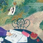 Illustration eines Gartens: Ein Kind in Mütze schreibt, daneben ist ein Korb mit Früchten. Person mit Hut und Gemüsekorb lächelnd.