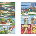 Texte beschreiben eine Szene mit Kindern, die eine Straße überqueren und einen Film sehen. Bunte und lebhafte Comic-Illustration.