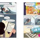 Links sitzen eine Erwachsene und ein Kind im Auto. Rechts fahren sie durch eine Stadt. Eine Liste zeigt "MAKING FRIENDS".