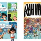 Comic: Ein älterer Mann spricht ermutigend mit einem Jungen, zeigt auf spielende Kinder. Viele Menschen schreien "AHHHHHH!"