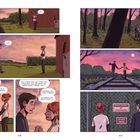 Zwei Personen reden über eine Überraschung. Sie laufen bei Sonnenuntergang durch einen Wald und über Bahngleise. Ein Zaun mit "Do Not Enter".