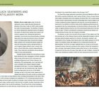 "Black Seafarers and Antislavery Work. Opposite: Portrait of Olaudah Equiano." Links steht ein altes Bildnis von Equiano. Rechts ist eine farbige Illustration eines kämpferischen Schiffdecks.