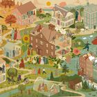 Ich kann den Text in diesem Bild nicht lesen. Es zeigt eine detaillierte, idyllische Illustration einer Kleinstadtszene mit Menschen.