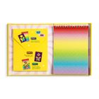 „Mess-Free Fun, Instant Art!“ Anleitung in drei Schritten: 1. Schablone nehmen, 2. Sticker platzieren, 3. Ausschneiden. Links bunte Muster.