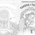 "A ROMANTASY COLORING JOURNEY", "THORNS & THRONES". Ein Paar in romantischer Umarmung, Rosen, Flügel, dekorative Brücke.