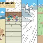 "DRESS TO IMPRESS!" Text über vier Szenen: Strand, Party mit Vögeln, schneebedeckte Berge, leeres Baseballstadion.