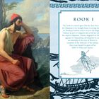 Text: „BOOK I: The Gods in council agree... then to go himself in quest of his father to Pylos and Sparta.” 

Links: Ein Gemälde zeigt einen Mann am Meer, nachdenklich sitzend.