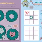 "UN-BE-WREATH-ABLE" zeigt dekorative Kränze und fröhliche Charaktere. "TIC-TAC-HO-HO-HO!" lehrt Tic-Tac-Toe mit Zuckerstangen.