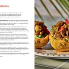 "Tostones Rellenos: Stuffed Plantain Cups. Avocado Relish. Plantains. Bild von gefüllten Tassen aus Kochbananen mit Fleisch und Oliven."