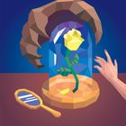 Gelbe Rose unter Glashaube, große Klaue darüber, Hand greift nach Glashaube, kleiner Spiegel daneben, geometrische Illustration.