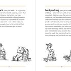 Text beschreibt "backpack" als magisches Sackobjekt und "backpacking" als Kunst des schweren Tragens. Illustration von Menschen mit Rucksäcken.