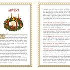 "ADVENT" in Rot. Ein Adventskranz mit brennenden Kerzen, beschrieben als christliches Symbol für Hoffnung, Vorbereitung, Freude.
