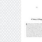 Zwei Seiten. Links: Muster aus weißen Kreisen auf grauem Hintergrund. Rechts: Text mit Titel „It Takes a Village“.