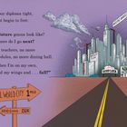 Links steht: „Gripping your diploma tight...fall?“ Rechts eine Stadt mit Gebäuden, ein Wegweiser zeigt "Real World City".