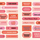 Texte: "I love romance books", "Proud romance reader". Anordnung in bunten Rechtecken. 