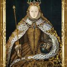 Ein prächtiges Porträt einer gekrönten Königin in goldener Robe mit Zepter und Reichsapfel, umrahmt von einem goldenen Rahmen.