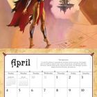 April-Kalender. Illustration: Figur mit Helm, erhobenem Stab, schwebende Stadt, geometrisches Muster.