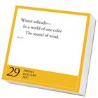 "Winter solitude— In a world of one color The sound of wind." Bashō. Datum: 29. Januar 2027, Freitag. Weiße Seite mit gelbem Rand.