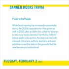 "Banned Books Trivia", "Power to the People", "Tuesday, February 2, 2027". Text informiert über Buchverbote in Idaho.