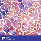 19 Friday February 2027; Aquarell in Lila, Rosa und Orange, schuppenartig angeordnet.
