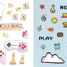 Links: Buchstaben, Spielkarten, Controller. Rechts: Pixelgrafik mit Symbolen, Wolke, "READY", "PLAY", "GAME OVER".