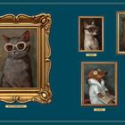 "UNCHECKED EGOS" oben; "KITTY WEARS PRADA", "MARIO", "GUCCI BEAR", "ME TIME", "HARRY" unten; Tiere in Kleidung und Brillen.