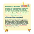 Text: "Welcome, friends! ... LEARNING about everything at home!"  
"¡Bienvenidos, amigos! ... que hay en casa!"

Oben ist ein Zug und unten zwei Maus-Illustrationen.